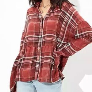 NWT American Eagle Outfitters Red Plaid baby doll peplum flannel size L-XL